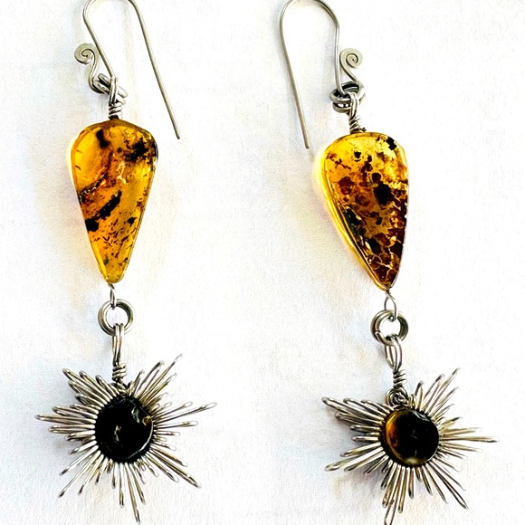 Amber Chandelier Earrings Wire wrapped 2 1/2” long - Picture 3 of 5
